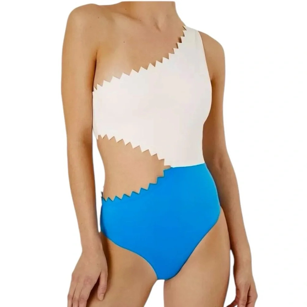 Onia Betty Cut Out One Shoulder One Piece Swimsuit Blue and White Size M NWT